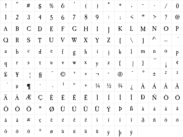 Caslon LT Std Antique  glyph index