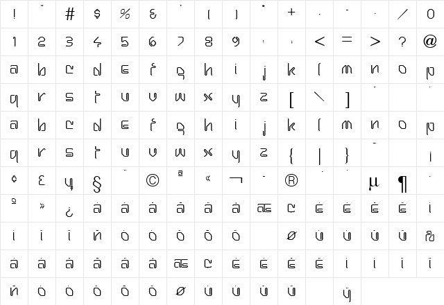HARRAY Regular  glyph index