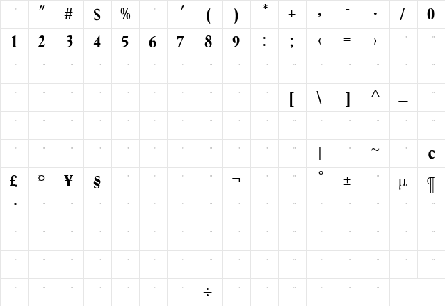 LeightonBoldCondTab Medium  glyph index