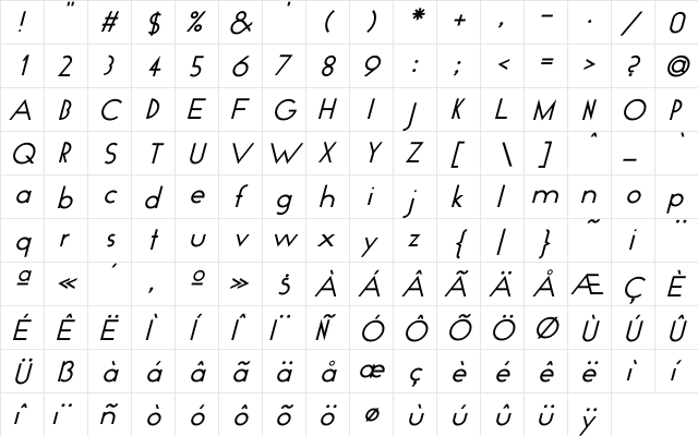 GeoPlain Italic Italic  glyph index