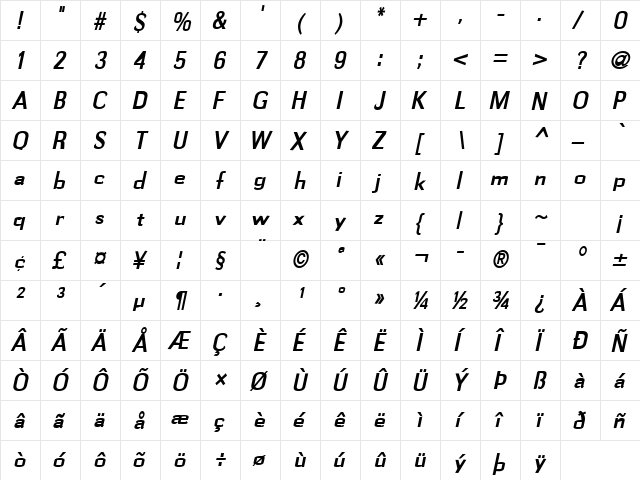 Gauss-Condensed Bold Italic  glyph index