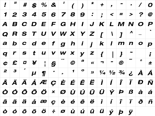 Helvetica Neue LT Std 73 Bold Extended Oblique  glyph index