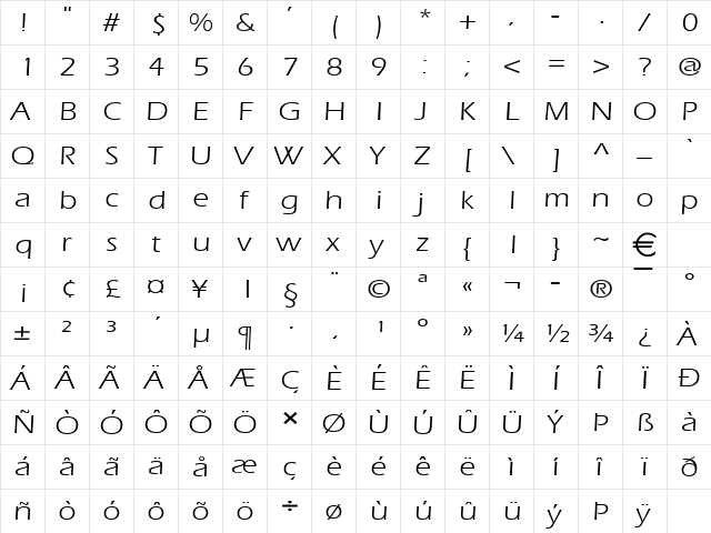 EricWide Normal  glyph index