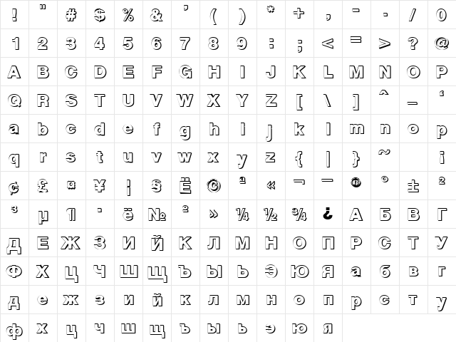 Cyrvetica Shadow Bold  glyph index