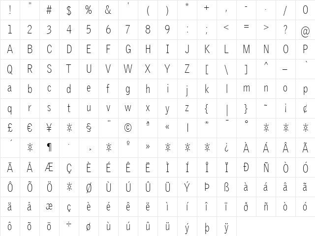 GriffithGothic Cond Thin Regular  glyph index