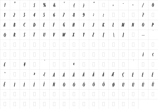 Ragtime Plain  glyph index