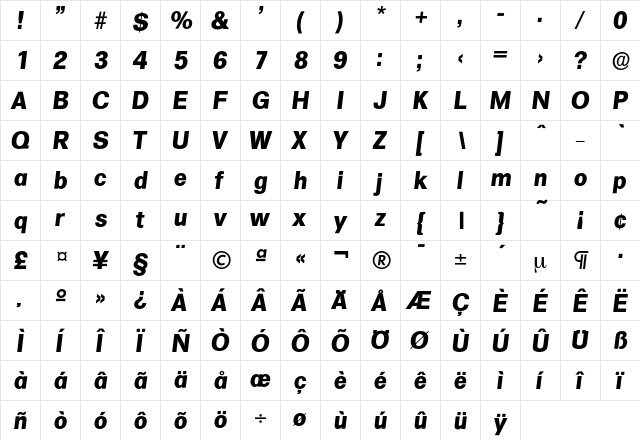 Formula-BoldIta Regular  glyph index