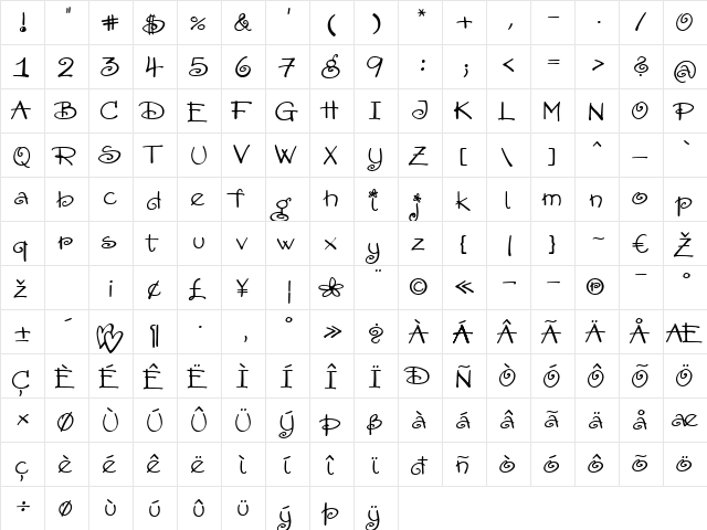 AmoreATT Regular  glyph index