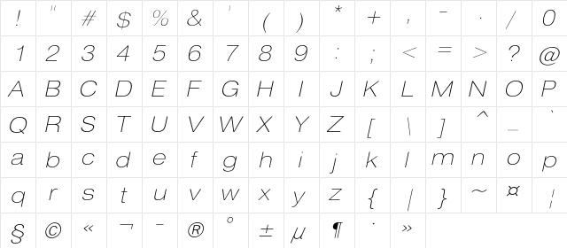 HeliosExtThin Italic  glyph index