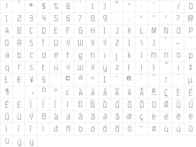 Pro55 Light  glyph index