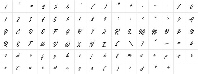 Gorgeous Script Typeface  glyph index