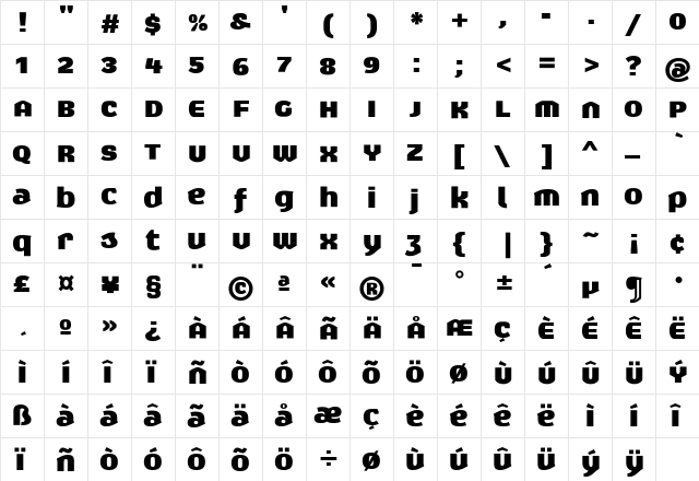 Exert Regular  glyph index