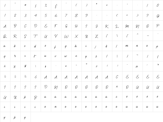 BlueQueen Regular  glyph index