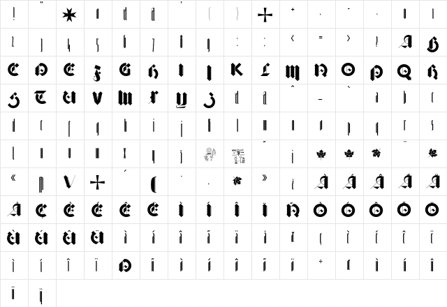 Barnbrook Gothic  glyph index