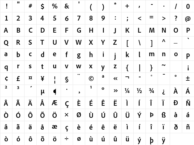 Adobe Clean SemiCondensed Bold  glyph index