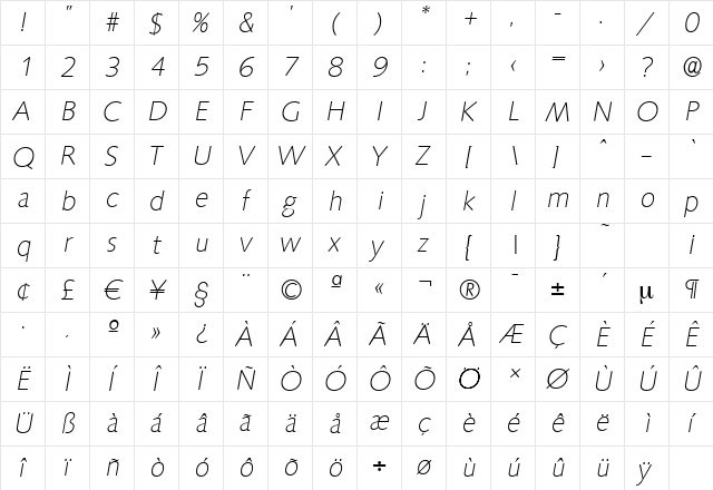 SaxonySerial-Xlight Italic  glyph index