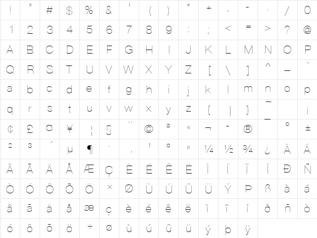 Nimbus Sans Becker DUltLig Regular  glyph index