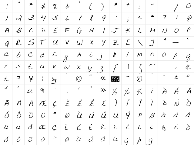 FarinasHand Regular  glyph index