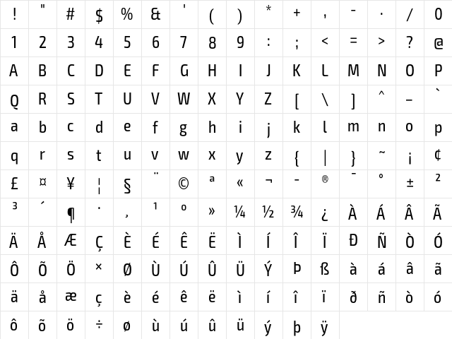 Exo 2 Regular Condensed  glyph index