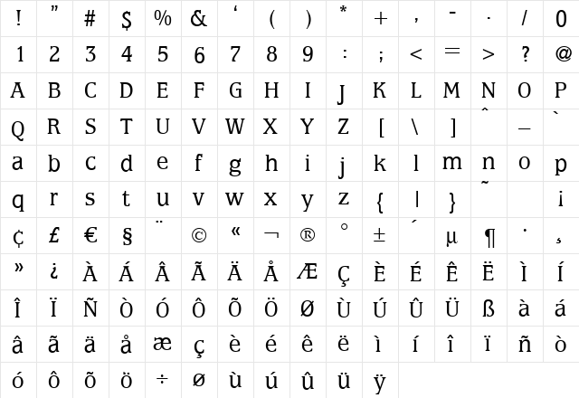 M650-Roman Regular  glyph index