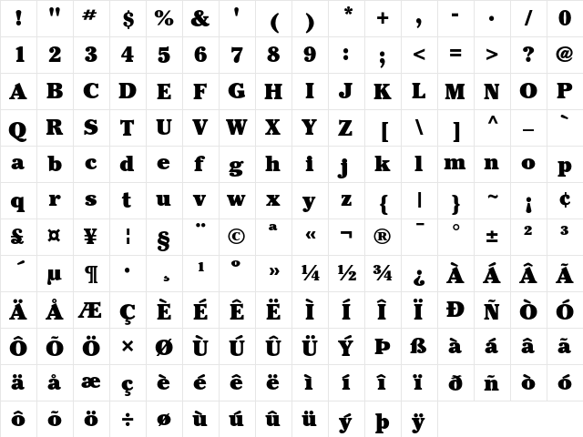 ITC Cheltenham Ultra  glyph index