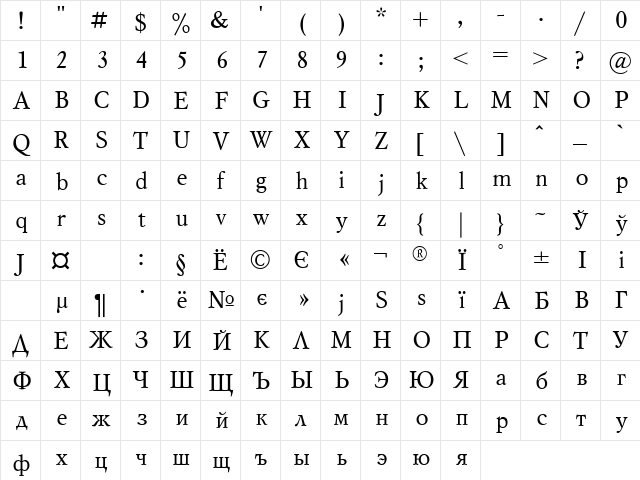 UkrainianMysl Regular  glyph index