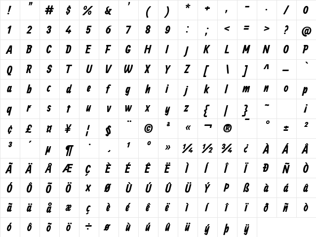 Allan Bold  glyph index