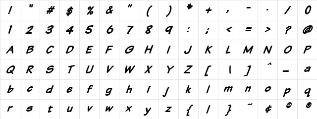 VTCSundaykomix Bold Italic  glyph index