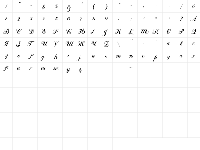 Kremlin Tsaritsa Italic  glyph index