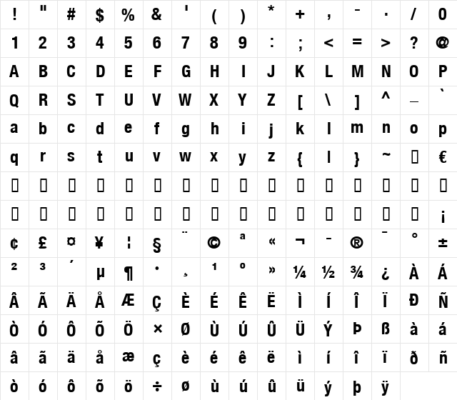 HelveticaNeue LT 77 BdCn Regular  glyph index