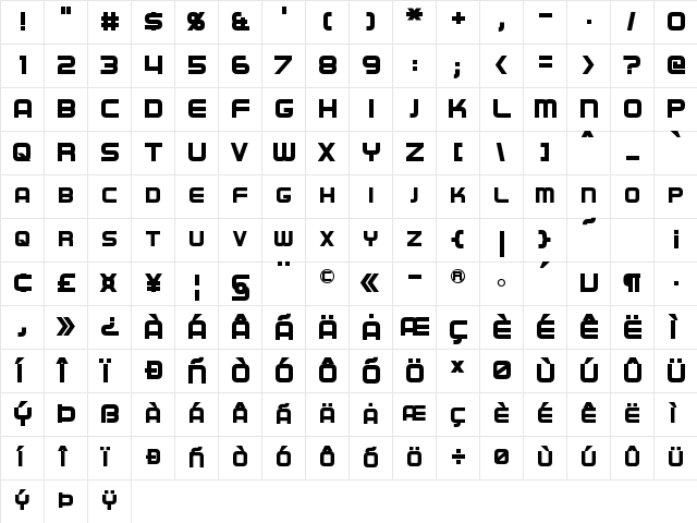 Regen Bold  glyph index