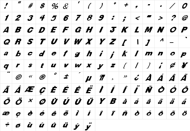 FZ JAZZY 36 ITALIC Normal  glyph index