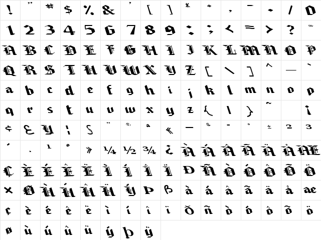 Chamber Regular  glyph index