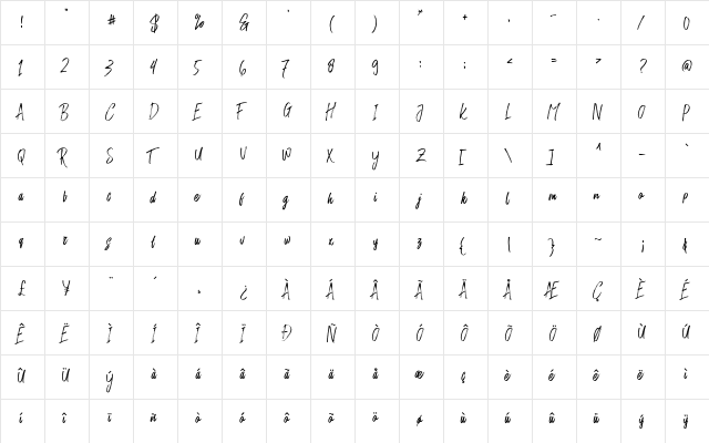 Rushtard Brush Regular  glyph index
