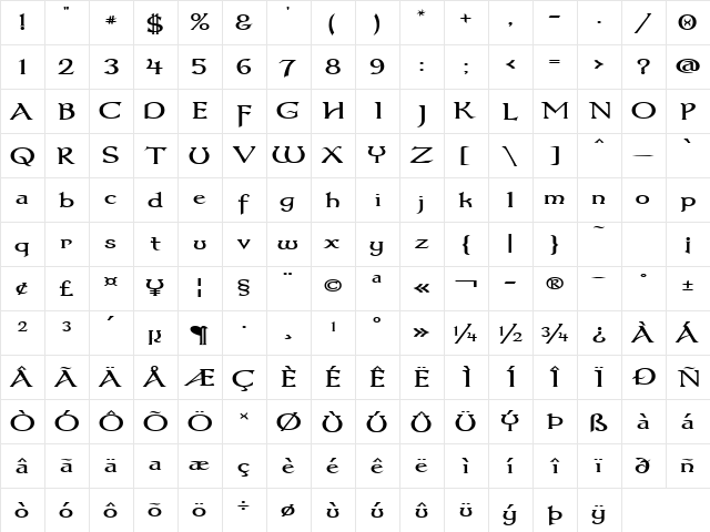 Dumbledor 3 Wide Regular  glyph index