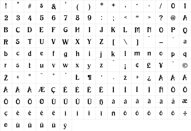 Excelsior Regular  glyph index