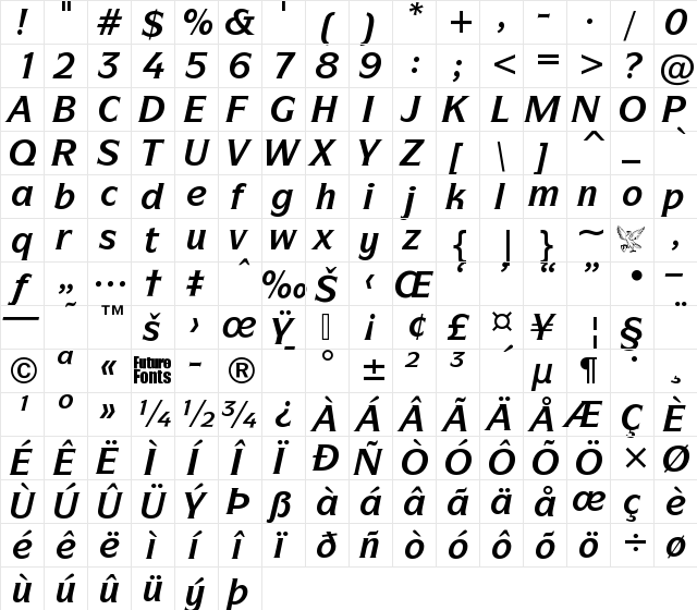 Surrey Bold It Regular  glyph index