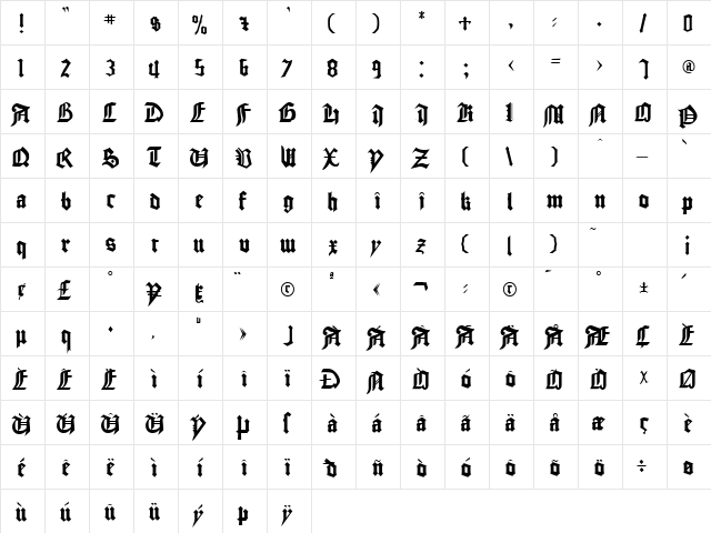GLASHOLM Regular  glyph index