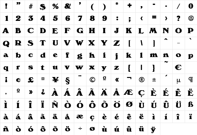 Verona-ExtraBold Regular  glyph index