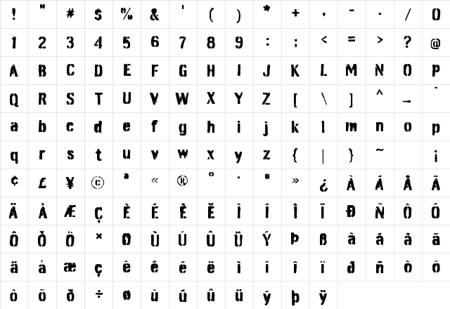 Burnaby Stencil  glyph index
