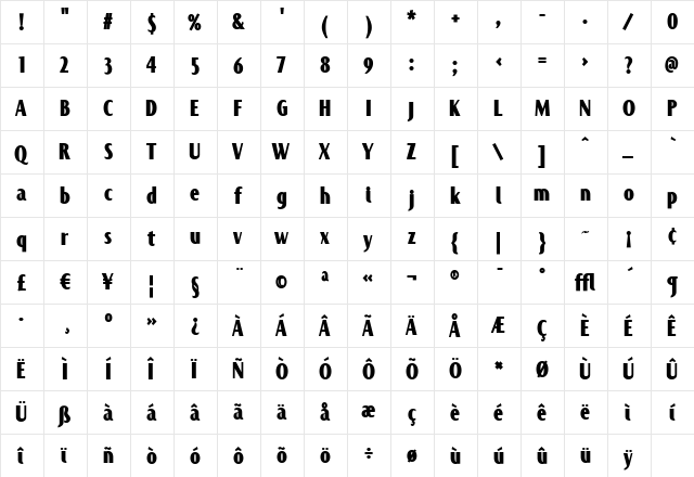 Jandoni Bold  glyph index