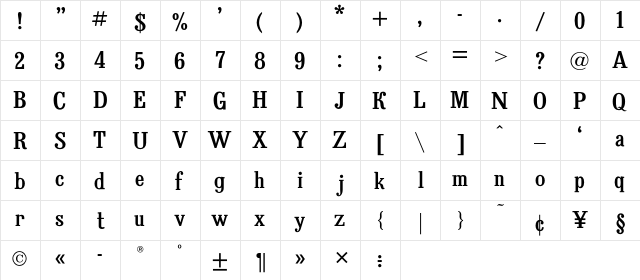 Bruskovaya Regular  glyph index
