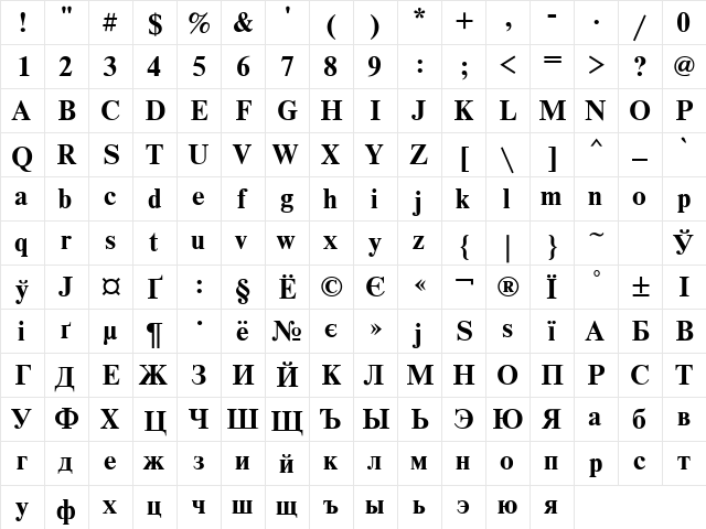 Newton Bold  glyph index