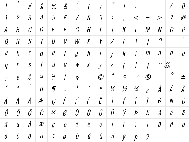 Commerce Condensed SSi Condensed Italic  glyph index