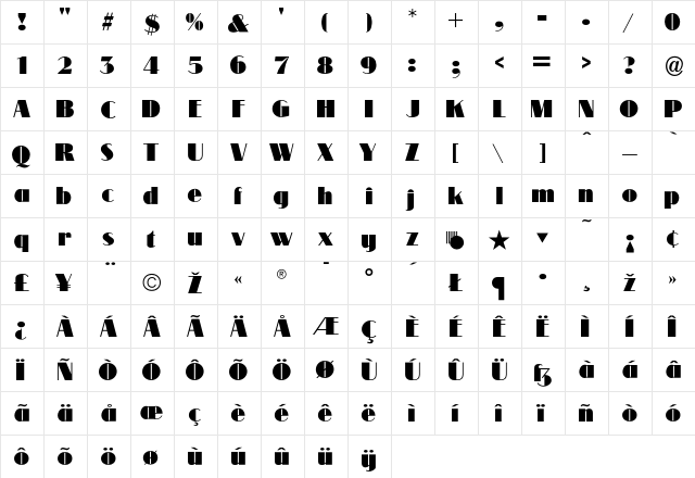 Modernique Regular  glyph index