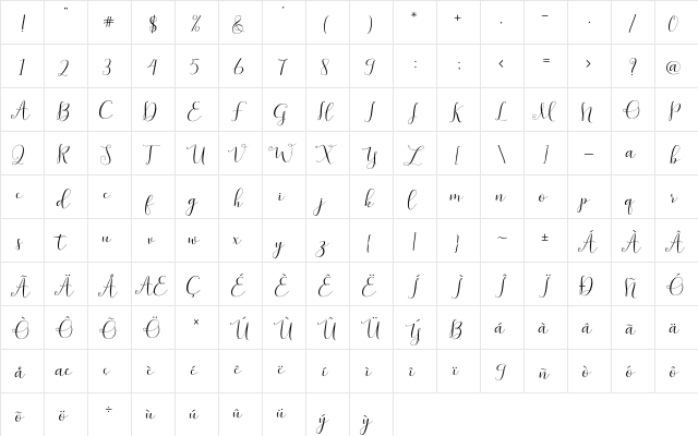 symphony Script Regular  glyph index