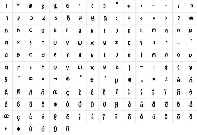 BlueNylon Bold  glyph index