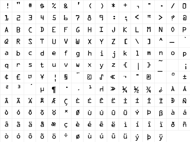 Dirty36 Becker Regular  glyph index