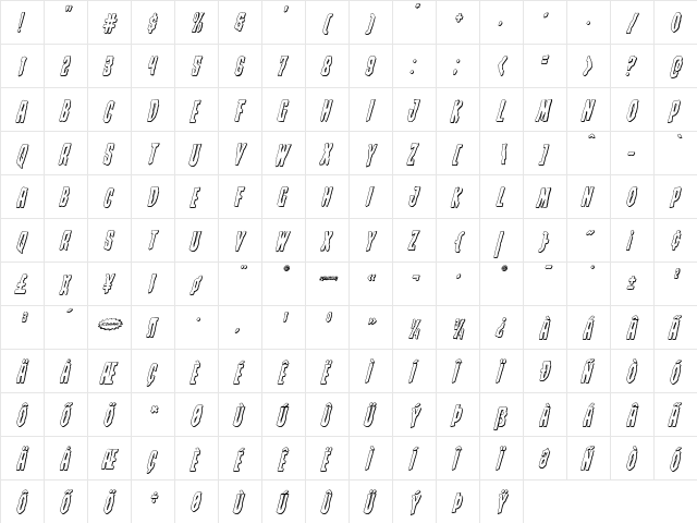 Creepy Crawlers 3D Italic Italic  glyph index