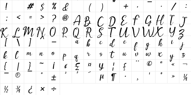 amellia Regular  glyph index